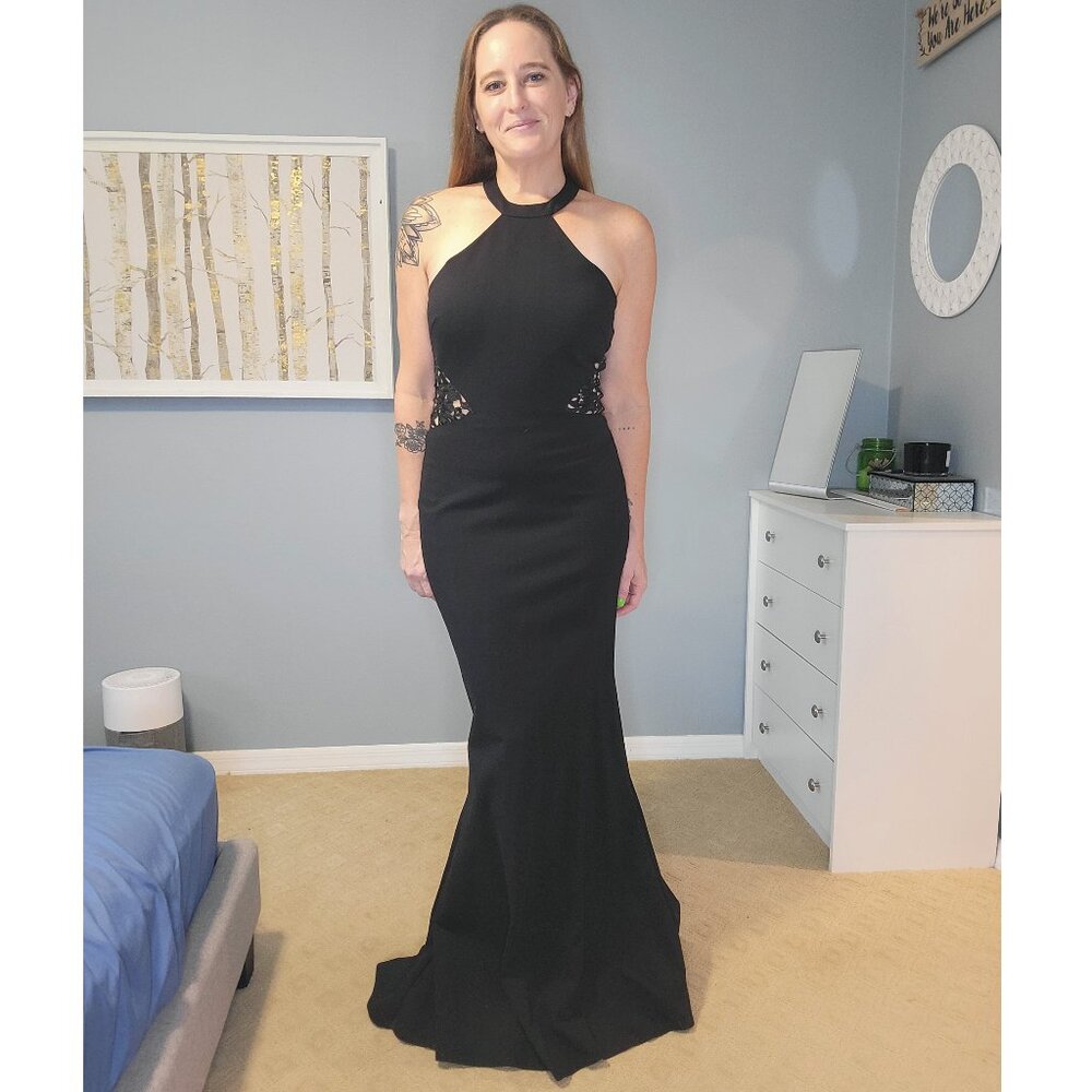 ZOEY GREY 31126 Black Halter Lace Back Trumpet Stretch Gown 10